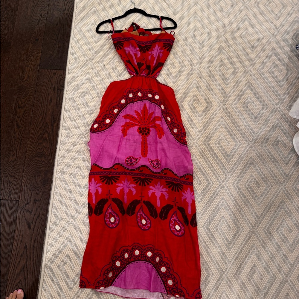 Red and Pink Halter Dress with Palm Tree Design